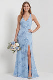 Light Blue Mermaid Embroidered V Neck Long Bridesmaid Dress with Slit