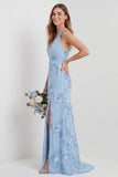 Light Blue Mermaid Embroidered V Neck Long Bridesmaid Dress with Slit