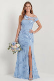 One Shoulder Mermaid Light Blue Embroidered Long Bridesmaid Dress with Slit