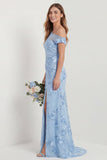 One Shoulder Mermaid Light Blue Embroidered Long Bridesmaid Dress with Slit