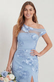 One Shoulder Mermaid Light Blue Embroidered Long Bridesmaid Dress with Slit