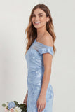 One Shoulder Mermaid Light Blue Embroidered Long Bridesmaid Dress with Slit