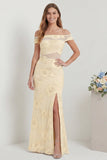 Off the Shoulder Yellow Mermaid Embroidered Bridesmaid Dress with Slit