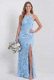 Mermaid Light Blue Halter Embroidered Long Bridesmaid Dress with Slit