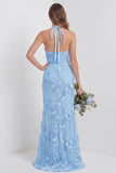 Mermaid Light Blue Halter Embroidered Long Bridesmaid Dress with Slit