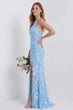 Mermaid Light Blue Halter Embroidered Long Bridesmaid Dress with Slit