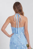 Mermaid Light Blue Halter Embroidered Long Bridesmaid Dress with Slit