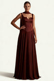 Coffee Corset A Line Long Prom Dress with Sash