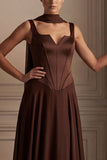 Coffee Corset A Line Long Prom Dress with Sash