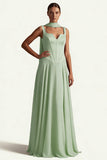 Coffee Corset A Line Long Prom Dress with Sash