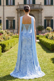 Sky Blue Floral A Line Strapless Long Bridesmaid Dress with Sash