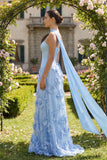 Sky Blue Floral A Line Strapless Long Bridesmaid Dress with Sash
