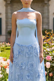 Sky Blue Floral A Line Strapless Long Bridesmaid Dress with Sash