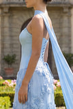 Sky Blue Floral A Line Strapless Long Bridesmaid Dress with Sash
