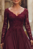Cabernet V Neck A Line Lace Long Mother of the Bride Dress