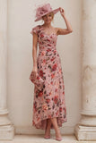 Floral Dusty Rose One Shoulder A Line Ruched Mum of the Bride Dress with Tie Back Bow