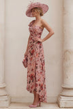 Floral Dusty Rose One Shoulder A Line Ruched Mum of the Bride Dress with Tie Back Bow