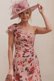 Floral Dusty Rose One Shoulder A Line Ruched Mum of the Bride Dress with Tie Back Bow