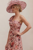 Floral Dusty Rose One Shoulder A Line Ruched Mum of the Bride Dress with Tie Back Bow