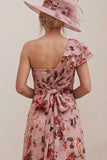 Floral Dusty Rose One Shoulder A Line Ruched Mum of the Bride Dress with Tie Back Bow