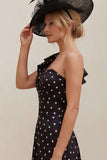 Black One Shoulder A Line Polka Dot Mum of the Bride Dress