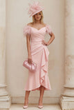 Blush Off The Shoulder Ruffled Mermaid Midi Mum of the Bride Dress with Feathers