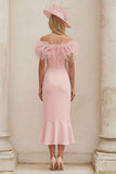 Blush Off The Shoulder Ruffled Mermaid Midi Mum of the Bride Dress with Feathers