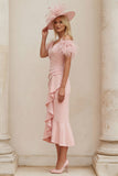 Blush Off The Shoulder Ruffled Mermaid Midi Mum of the Bride Dress with Feathers