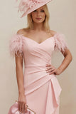 Blush Off The Shoulder Ruffled Mermaid Midi Mum of the Bride Dress with Feathers