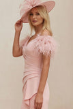 Blush Off The Shoulder Ruffled Mermaid Midi Mum of the Bride Dress with Feathers