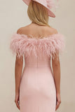 Blush Off The Shoulder Ruffled Mermaid Midi Mum of the Bride Dress with Feathers