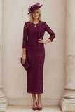 Lace Burgundy Sheath 2 Piece Mum of the Bride Dress with Jacket