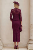 Lace Burgundy Sheath 2 Piece Mum of the Bride Dress with Jacket