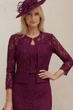 Lace Burgundy Sheath 2 Piece Mum of the Bride Dress with Jacket