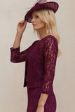 Lace Burgundy Sheath 2 Piece Mum of the Bride Dress with Jacket