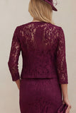 Lace Burgundy Sheath 2 Piece Mum of the Bride Dress with Jacket