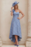 Dusty Blue Floral One Shoulder A Line High-Low Mum of the Bride Dress