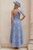 Dusty Blue Floral One Shoulder A Line High-Low Mum of the Bride Dress