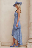 Dusty Blue Floral One Shoulder A Line High-Low Mum of the Bride Dress