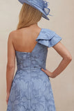 Dusty Blue Floral One Shoulder A Line High-Low Mum of the Bride Dress