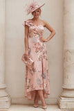 One Shoulder Dusty Rose Floral A Line Mum of the Bride Dress with Slit