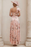 One Shoulder Dusty Rose Floral A Line Mum of the Bride Dress with Slit