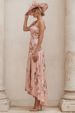 One Shoulder Dusty Rose Floral A Line Mum of the Bride Dress with Slit