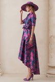 Floral Fuchsia A Line High-Low Mum of the Bride Dress with Belt