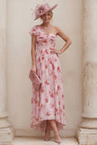 One Shoulder Floral Dusty Rose A Line Ruched Mum of the Bride Dress