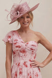 One Shoulder Floral Dusty Rose A Line Ruched Mum of the Bride Dress