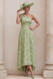 One Shoulder A Line Sage Green Floral Mum of the Bride Dress with Back Bow