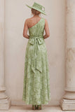 One Shoulder A Line Sage Green Floral Mum of the Bride Dress with Back Bow