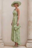 One Shoulder A Line Sage Green Floral Mum of the Bride Dress with Back Bow
