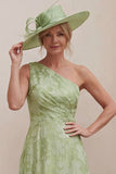 One Shoulder A Line Sage Green Floral Mum of the Bride Dress with Back Bow